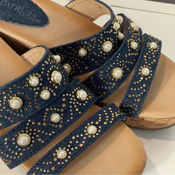 Patrizia By Spring Step Denim Pearl Gold Stud Embellish Cork Wedge Sandal Sz 38 - Picture 2 of 11